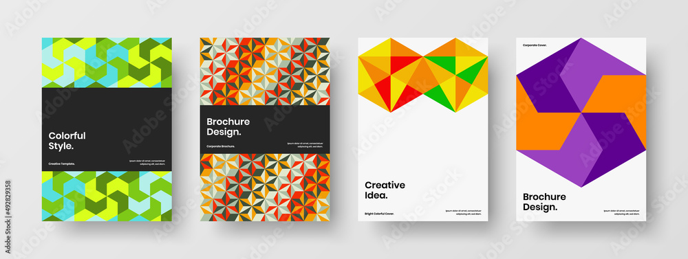 Clean geometric tiles company brochure layout bundle. Minimalistic book cover A4 design vector template set.
