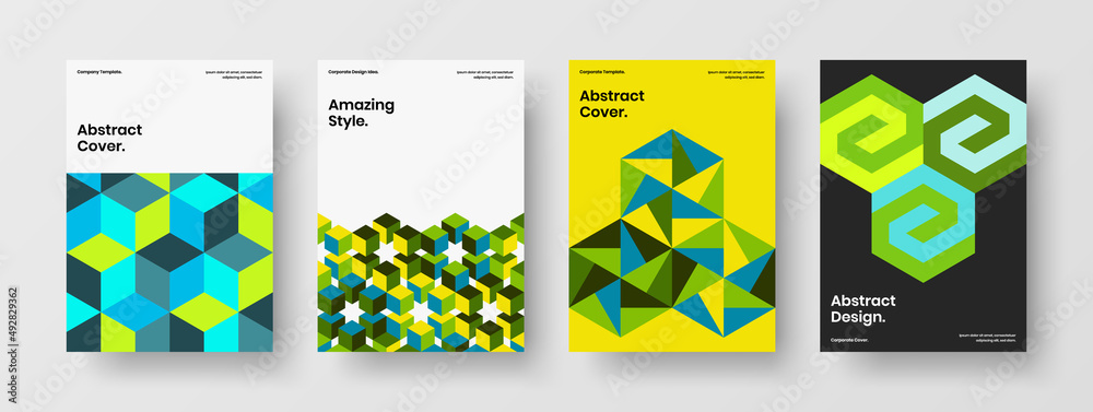 Vivid catalog cover vector design concept set. Unique geometric shapes company identity template composition.