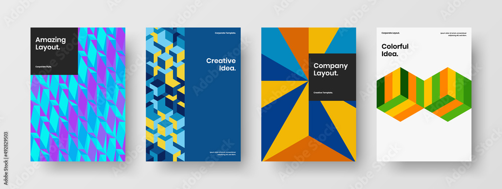 Original geometric hexagons brochure illustration set. Bright company identity A4 design vector layout collection.