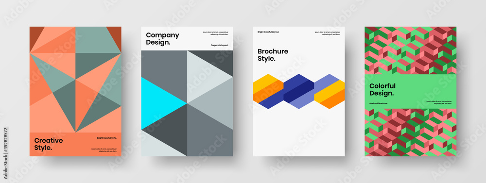 Vivid geometric hexagons pamphlet illustration set. Modern booklet A4 vector design concept bundle.