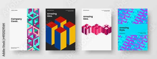 Trendy journal cover A4 design vector layout set. Bright mosaic hexagons flyer template collection.