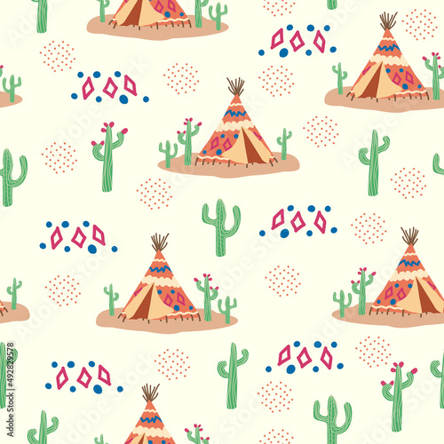 Teepee pattern. Wigwam native american summer tent illustration. Indian background pattern.