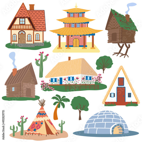Traditional buildings of different countries set, houses from around the world