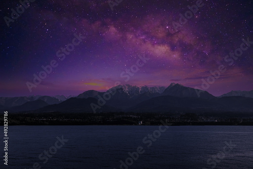 Landscape with Milky Way. Night sky with stars on the mountain