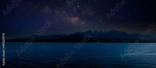 Landscape with Milky Way. Night sky with stars on the mountain © CK
