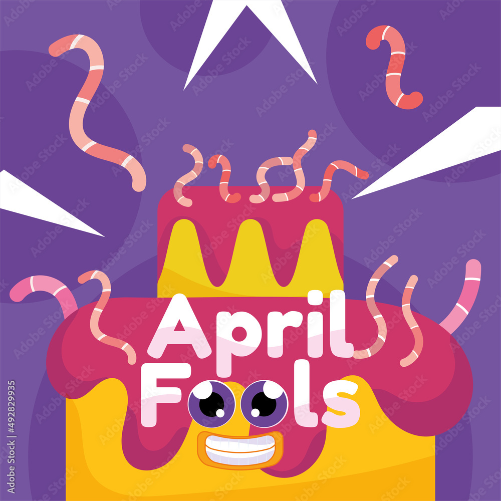 Naklejka premium Sweet cake full of worms April fool template Vector