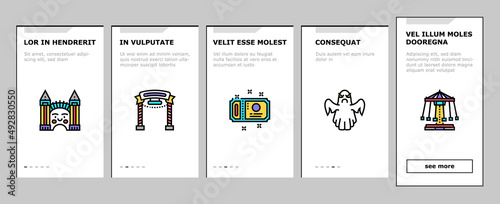 Amusement Park Entertainment Onboarding Mobile App Page Screen Vector. Amusement Park Rollercoaster Attraction Swing Carousel, Circus Clown Spectacle Festival . Popcorn Food And Ticket Illustrations