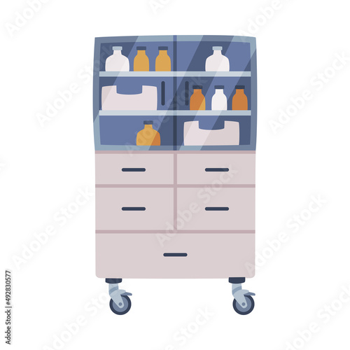 Wheeled Cabinet with Drugs and Medication as Medical Equipment and Assistance Device Vector Illustration