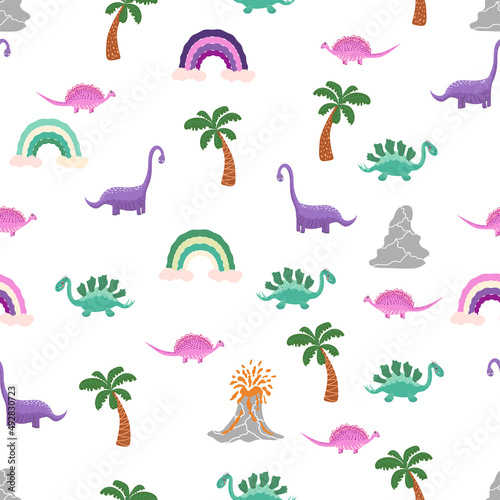 Hand drawn cute dinosaurs seamless pattern. Childrens pattern with dinos  rainbows  clouds  stars  polka dots