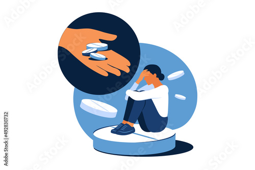 Concept of medication treating illness or disorder. Concept of antidepressants. Depressed woman is sitting on big pill. Medicine. Flat. Vector illustration.