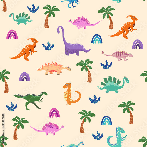 Hand drawn cute dinosaurs seamless pattern. Childrens pattern with dinos  rainbows  clouds  stars  polka dots
