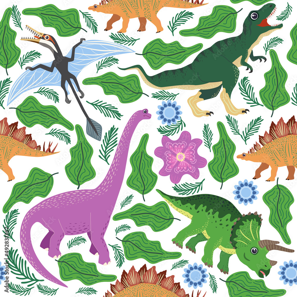 Obraz premium Hand drawn seamless pattern with dinosaurs and tropical leaves and flowers. Cute dino design.