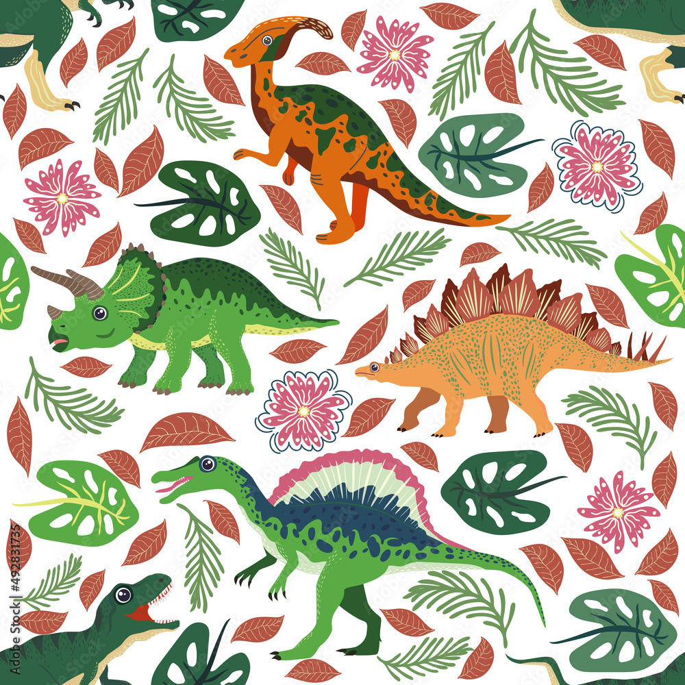 Obraz premium Doodle dinosaur pattern. Seamless textile dragon print, trendy childish fabric background, cartoon dinosaurs.