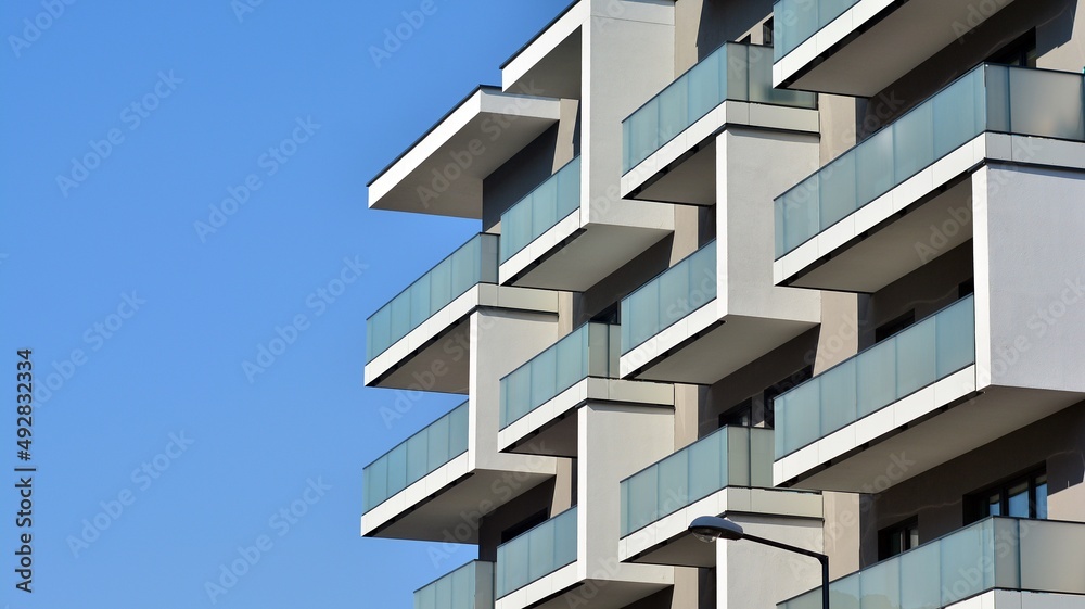 Modern elements in contemporary architecture.. Architectural details of a modern apartment building. Modern elements in contemporary architecture.. Architectural details of a modern apartment building.