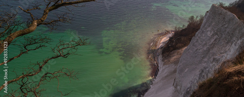 Aerial view to the white chalk cliffs of Møns Klint.