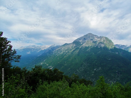 View of mountains Rombon and Kanin above Bovec in Julian alps and Triglav national park, Slovenia photo