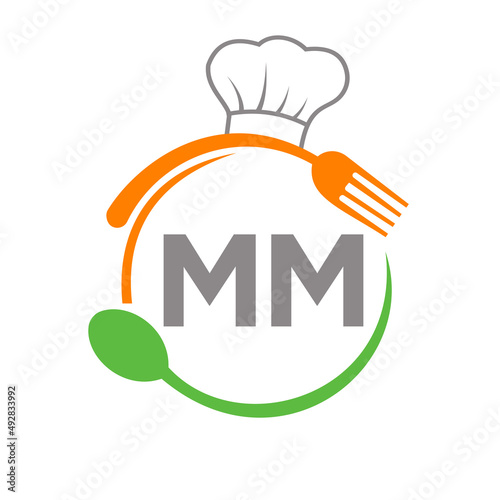Letter MM Restaurant Logo with Chef Hat Spoon And Fork Template. Restaurant Logo On Letter MM Barbecue, Cafe Logo Vector