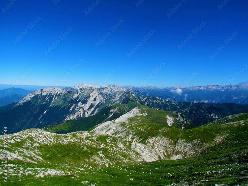 View of a mountain range in southern Julian alps in Triglav national park in Gorenjska region of Slovenia with alpine landscape