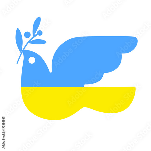 Flying dove in the colors of the national flag of Ukraine holds laurel branch. Peace symbol, no war concept. Isolated vector illustration. support for ukraine