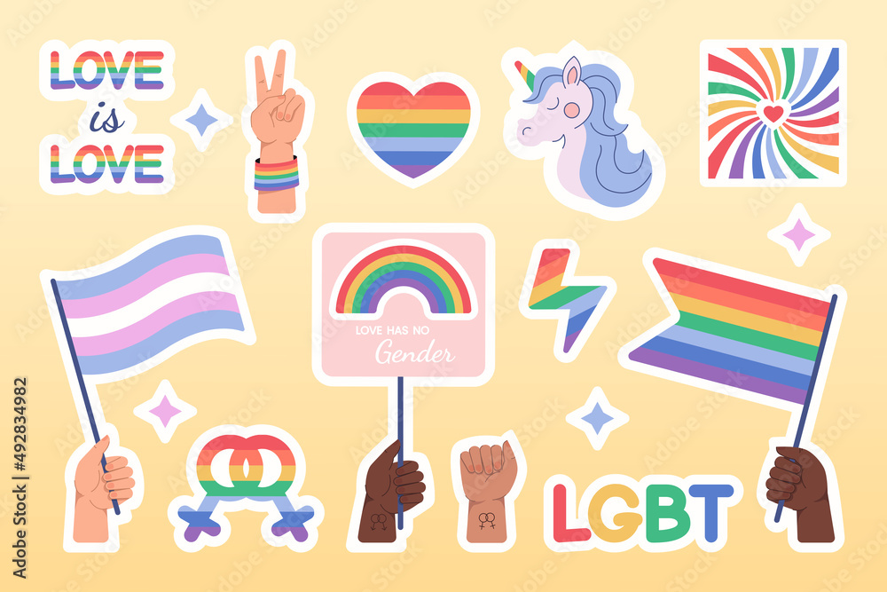 Flat LGBTQ pride stickers set. LGBT for gay male or lesbian female sex  symbols. Elements for pride month with rainbow flag. Bisexual, transgender,  gender equality or relationship rights concept. vector de Stock