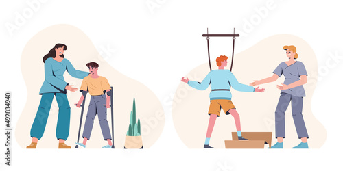 Flat physiotherapist help kids patient recovery from surgery or injury of leg. Teenage boys training, walking on crutches with doctor support in rehabilitation center. Physical therapy, body treatment