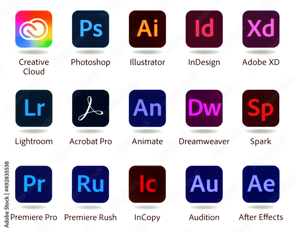 Set Of Popular Adobe Apps Icons Creative Cloud Photoshop Illustrator 