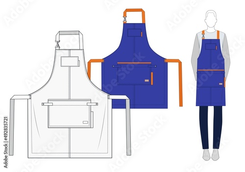 Uniforms Design Apron fashion flat template. Men's Apron flat pattern vector template. Blue Apron fashion technical drawing template. Kitchen protective Apron fashion design.