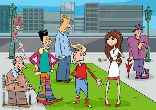 cartoon people characters on street in the city