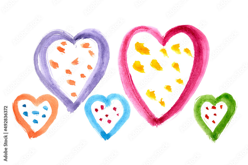 Set of hand drawn watercolor hearts.