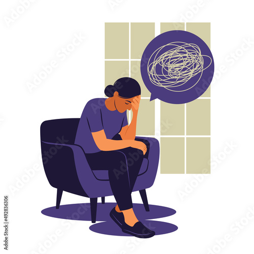 Depressed sad woman thinking over problems. Bankruptcy, loss, crisis, trouble concept. Vector illustration. Flat style