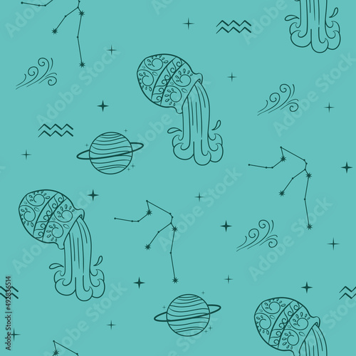 Seamless pattern. Vector illustration. Aquarius constellation. Aquarius zodiac sign. Horoscope, star, planet and element. 