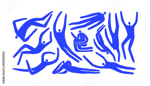 Abstract blue people body silhouette illustration set on isolated white background. Vintage collage style figure collection of men and women in diverse poses.