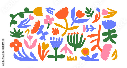 Funny colorful flower drawing illustration set. Children style floral doodle cartoon collection, hand drawn basic nature shapes on isolated background.