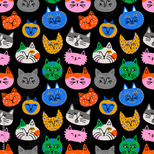 Funny cat animal cartoon seamless pattern in colorful flat illustration style. Cute kitten pet background, diverse domestic cats wallpaper.