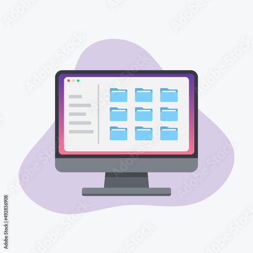File management concept. Data storage on computer display. Folders, documents and media content explorer. Flat vector illustration.
