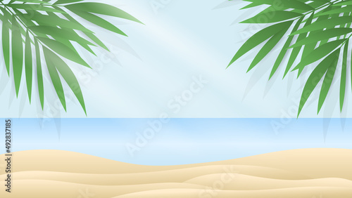 Beach, ocean waves and palm trees with blue sky in summer vector , illustration Vector EPS 10
