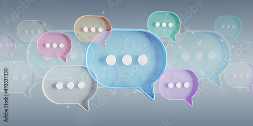 Minimalist blue red orange green purple speech bubbles talk icons floating over grey background. Modern conversation or social media messages with shadow. 3D rendering