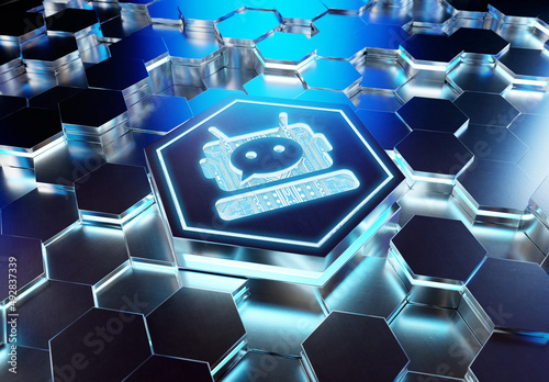 Chatbot icon concept engraved on metal hexagonal pedestral background. Chat bot assistance logo glowing on abstract digital surface. 3d rendering