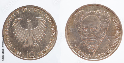 Germany - circa 1988: a 10 DM coin of Germany with a portrait of the philosopher and university teacher Arthur Schopenhauer photo