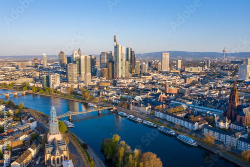 Skyline of Frankfurt from drone perspective