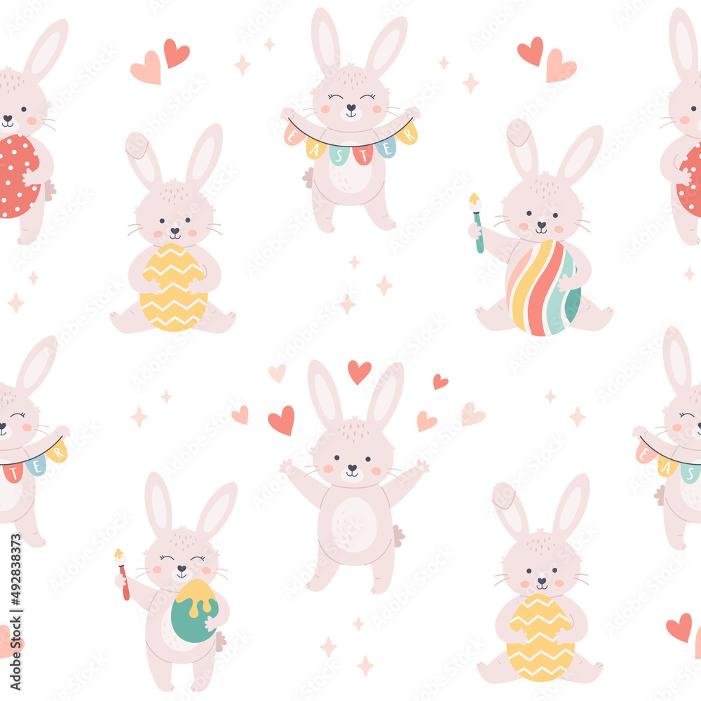 Easter bunny with Easter eggs seamless pattern. White rabbit. Happy Easter. Vector illustration