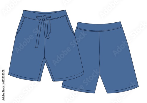 Technical sketch sport shorts pants design. Boy clothes template. Blue color.