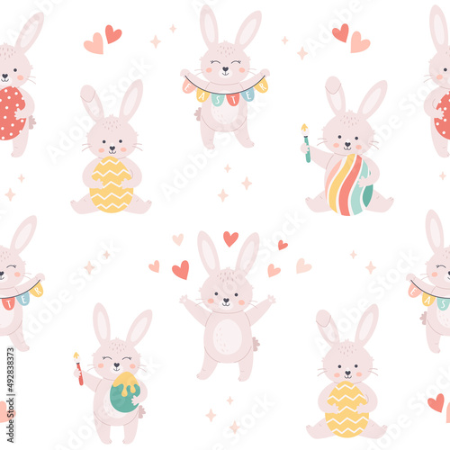 Easter bunny with Easter eggs seamless pattern. White rabbit. Happy Easter. Vector illustration