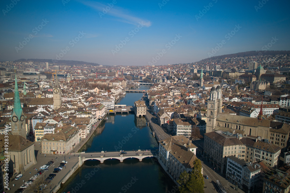 Aerial view of City of Zürich with old town and river Limmat on a sunny spring afternoon. Photo taken March 4th, 2022, Zurich, Switzerland.