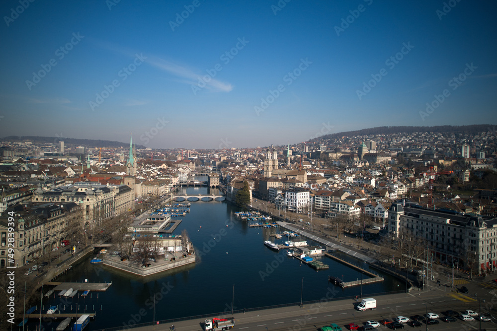 Aerial view of City of Zürich with old town and river Limmat on a sunny spring afternoon. Photo taken March 4th, 2022, Zurich, Switzerland.