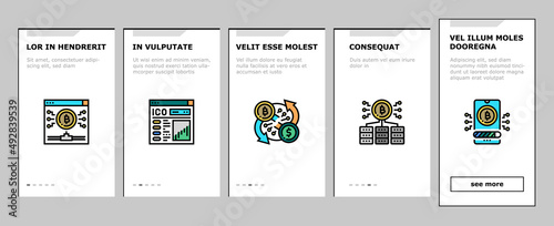 Cryptocurrency Digital Money Onboarding Mobile App Page Screen Vector. Bitcoin And Litecoin, Dogecoin And Xrp, Aion Iota Cryptocurrency Line. Mining Eos And Ethereum Electronic Devices Illustrations