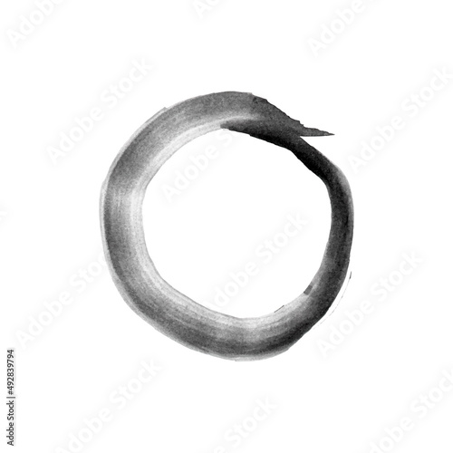 Enso, hand-drawn watercolor circle on white paper, The enso symbolizes absolute enlightenment, strength, elegance and the universe, Zen