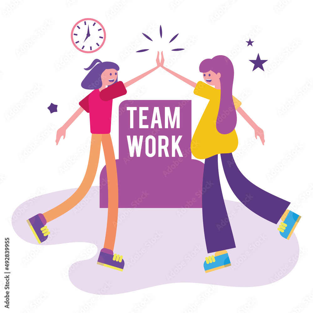 Pair of girls doing high five Teamwork concept Vector Pair of girls doing high five Teamwork concept Vector