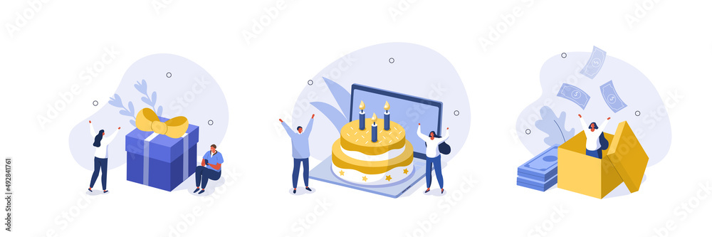 People celebrating birthday party illustration set. Characters standing
