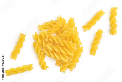 raw Fusilli pasta, isolated on white background with clipping path and full depth of field. Top view. Flat lay